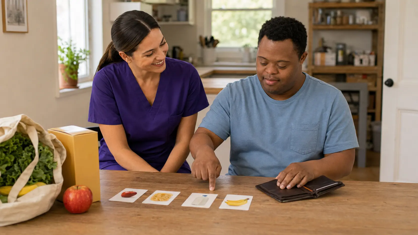 A support professional helping an adult plan an independent grocery trip