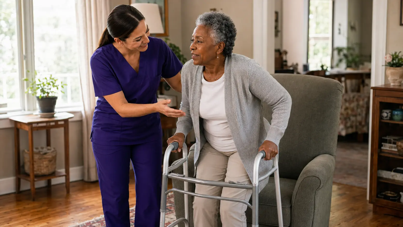 A home health aide supporting an older adult as she stands with her walker