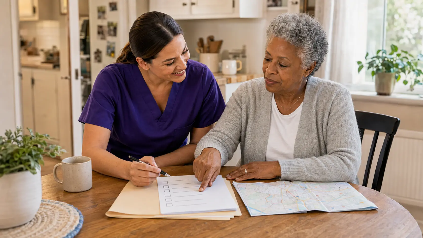 A medical social worker reviewing care resources with an older adult at home
