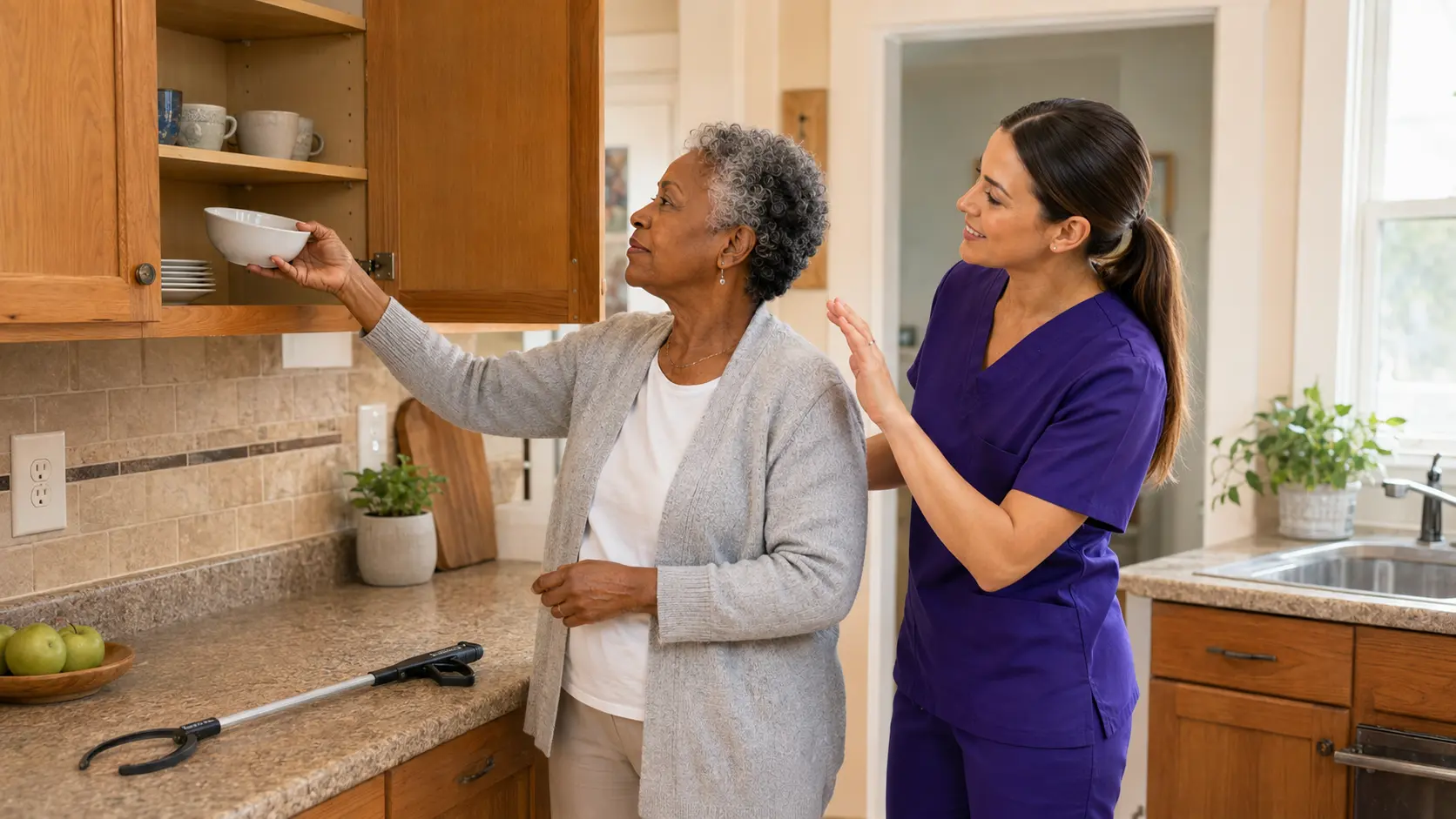 An occupational therapist coaching an older adult through a safe kitchen-reaching task