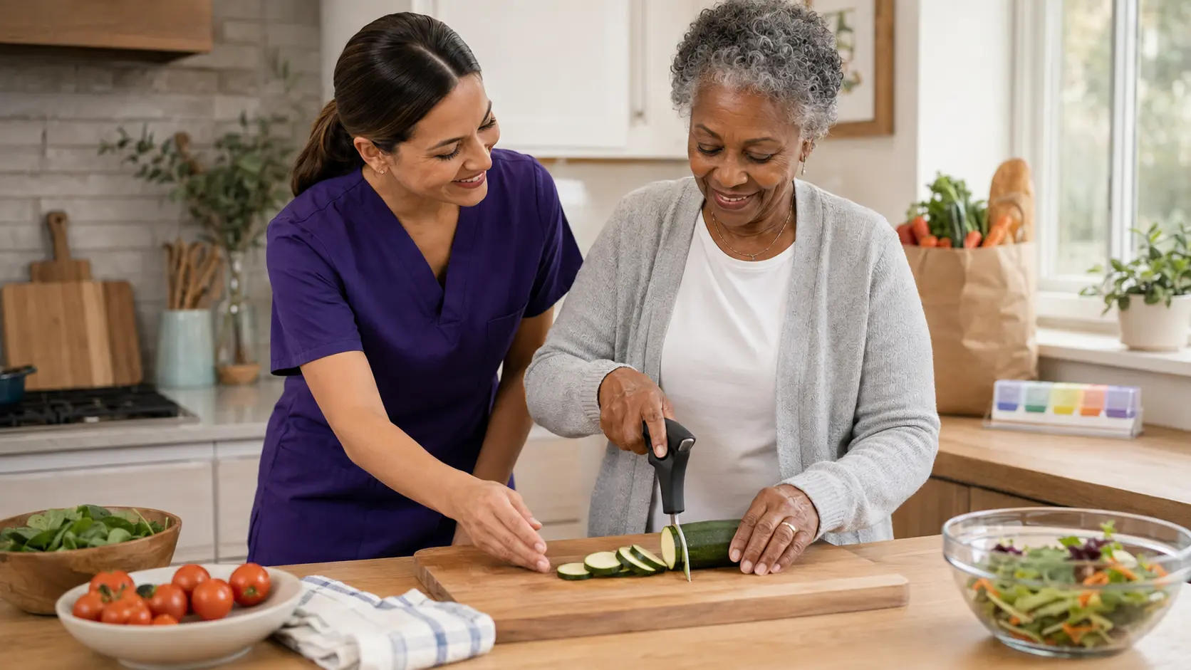 A caregiver guiding an older adult through safe meal preparation at home