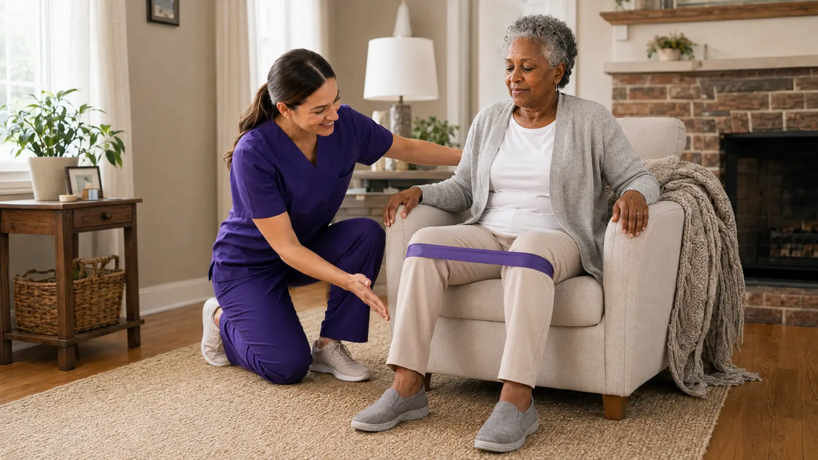 A physical therapist guiding an older adult through an in-home exercise