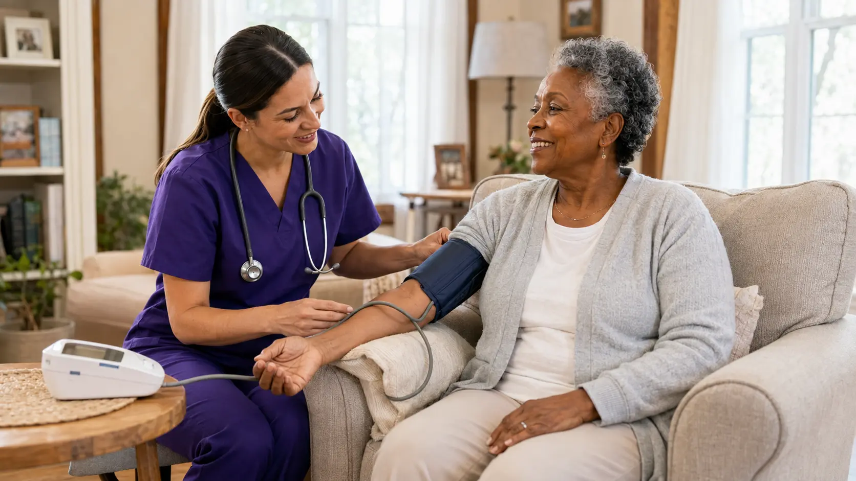 A home health nurse checking an older adult's blood pressure at home