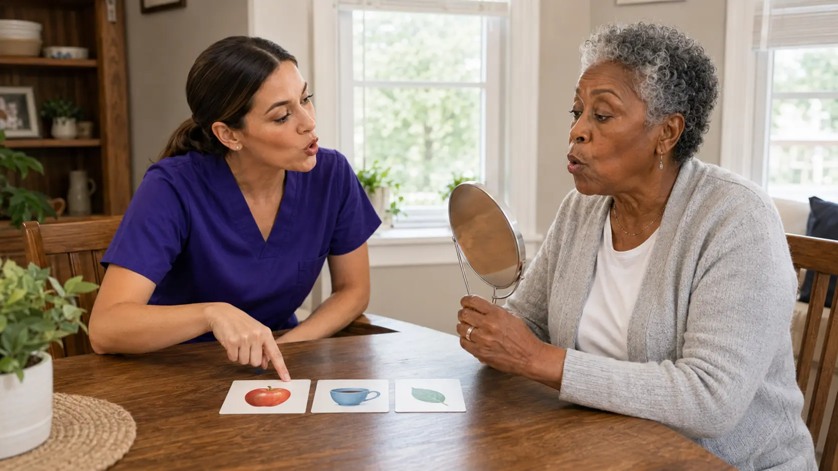 A speech therapist practicing communication exercises with an older adult at home