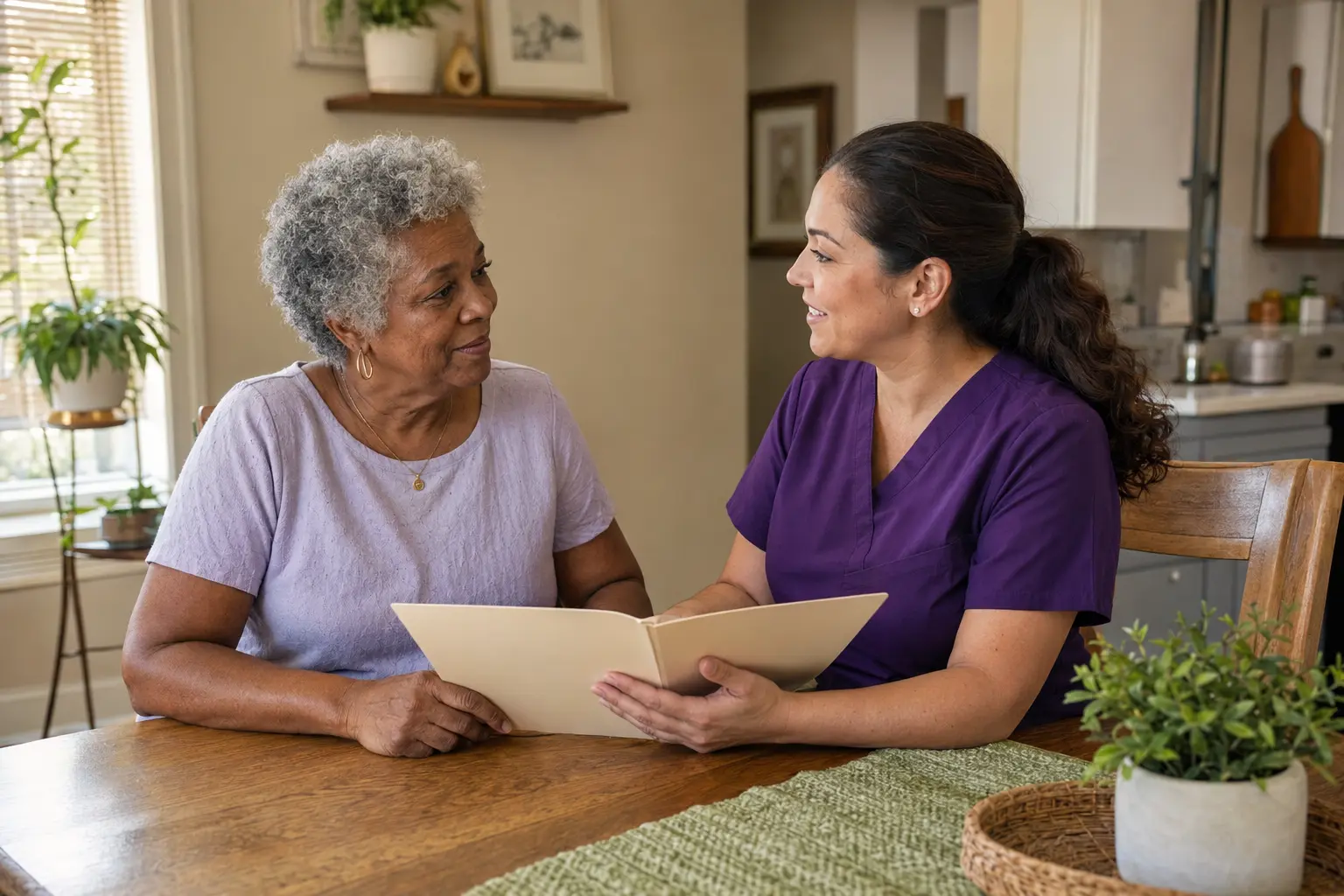 A home care coordinator having a thoughtful care-planning conversation with an older adult